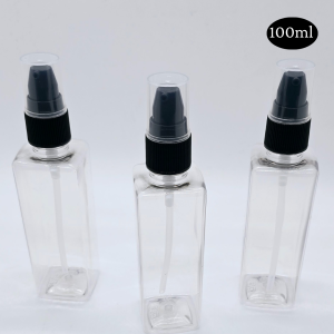 100ml Square Transparent Bottle with Black Cream Pump Cap
