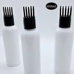 White hair oil bottle 100ml opaque PET with a black comb applicator cap