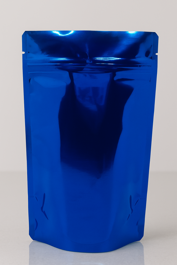 shiny metallic blue stand up pouch with zipper