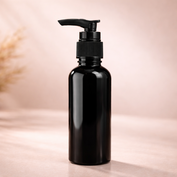 Black cylindrical bottle with pump cap