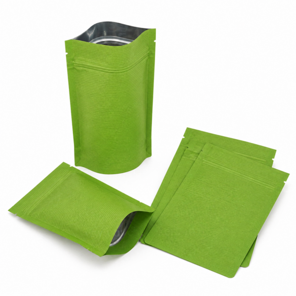green kraft paper stand up pouch with zipper 100g striped foil lined india packdost