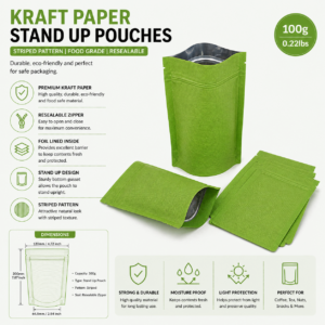 green kraft stand up pouch striped pattern food grade resealable zipper moisture proof india