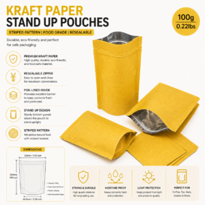 kraft stand up pouch striped pattern food grade resealable zipper moisture proof india