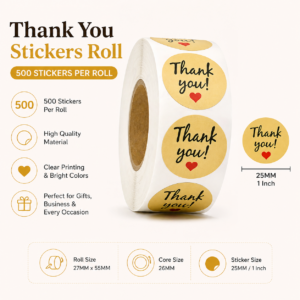 Kraft Thank You Stickers Roll – Best Premium 500 per Roll | Gold Round Labels