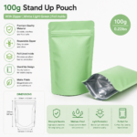 matte light green stand up pouch with zipper 100g foil lined india packdost