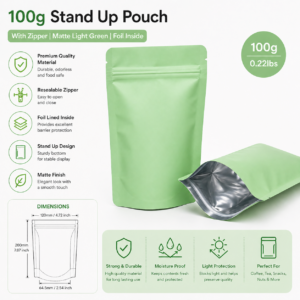 Matte Light Green Stand Up Pouch with Zipper – Best 100g Foil Lined | India