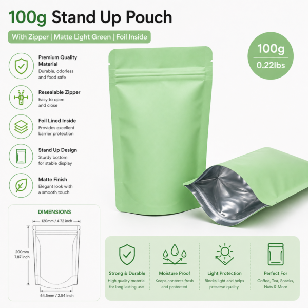 matte light green stand up pouch with zipper 100g foil lined india packdost
