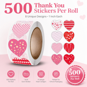 Thank You Heart Stickers Roll – Best Premium 500 per Roll | 8 Beautiful Designs