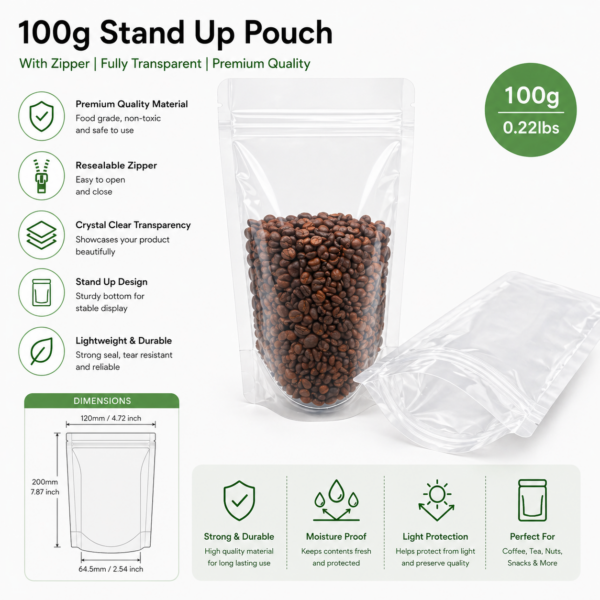 transparent stand up pouch zipper food grade moisture proof light protection india