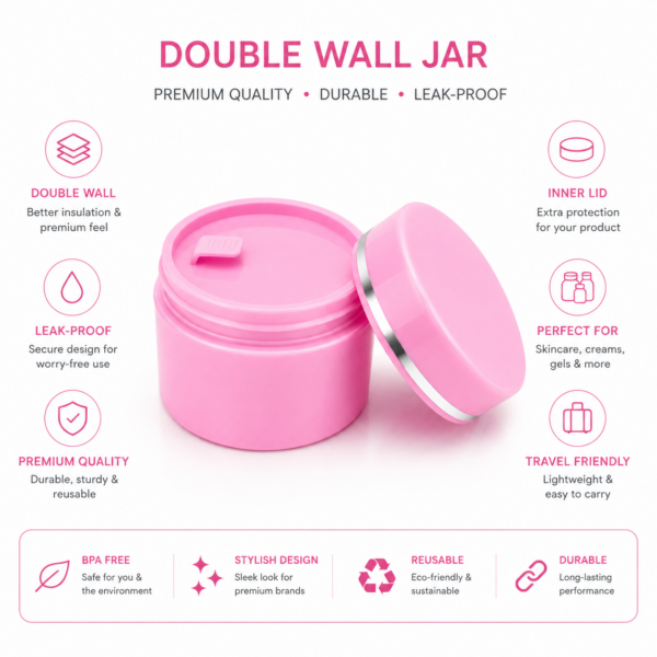 double wall pink jar silver ring features leak proof bpa free