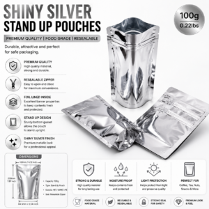 Shiny Silver Stand Up Pouch with Zipper – Best 100g Premium Resealable Bag for Food, Cosmetics & Spices