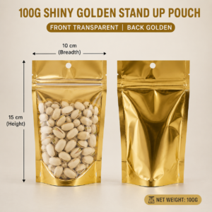 100gm shiny golden stand up pouch lifestyle