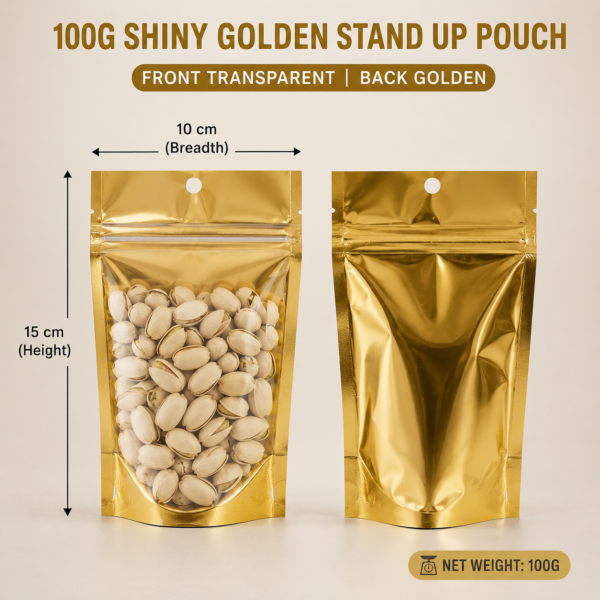 100gm shiny golden stand up pouch lifestyle