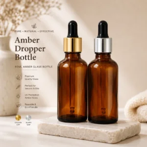 50ml Amber Glass Dropper Bottle – Best Premium UV-Protective Serum Bottle with Golden & Silver Cap