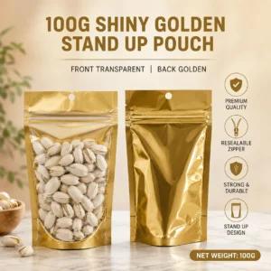 100gm Shiny Golden Stand Up Pouch – Transparent Front Zip Lock Pouch