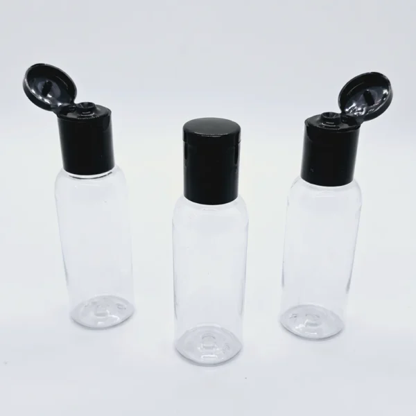 50ml transparent flip top bottle with black flip top cap and inner cap