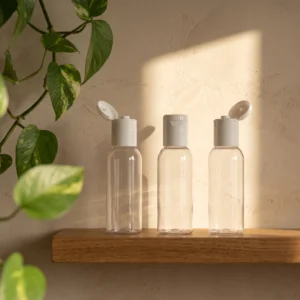 50ml transparent bottle with white flip top cap on a bathroom shelf