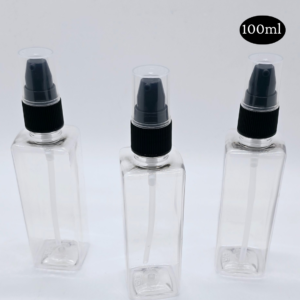 100ml Square Transparent Bottle with Black Cream Pump Cap