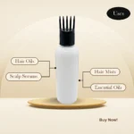 White hair oil bottle 100ml with black comb applicator cap - uses