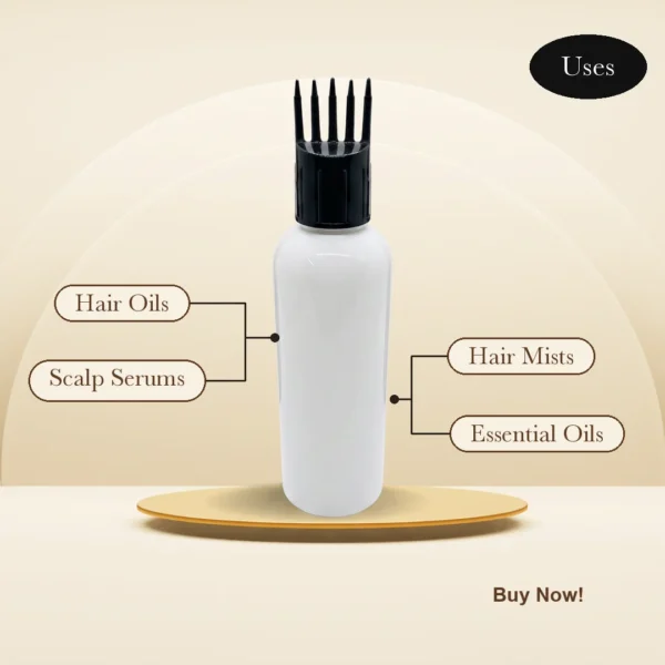 White hair oil bottle 100ml with black comb applicator cap - uses