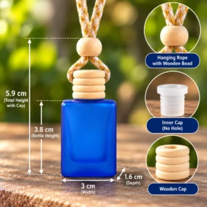 blue car perfume bottle size guide 3.8 cm bottle 5.9 cm with cap 3 cm wide 1.6 cm deep