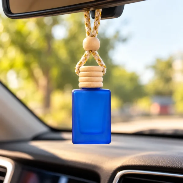 blue car perfume bottle hanging from car rear view mirror with braided rope