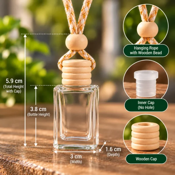 transparent car perfume bottle dimensions 3.8 cm bottle 5.9 cm with cap 3 cm wide 1.6 cm deep