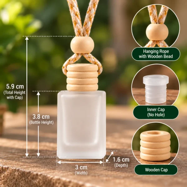 frosted car perfume bottle dimensions 3.8 cm bottle 5.9 cm with cap 3 cm wide 1.6 cm deep