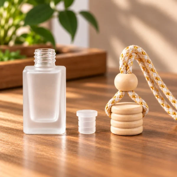 frosted car perfume bottle with inner cap stopper wooden cap and braided rope