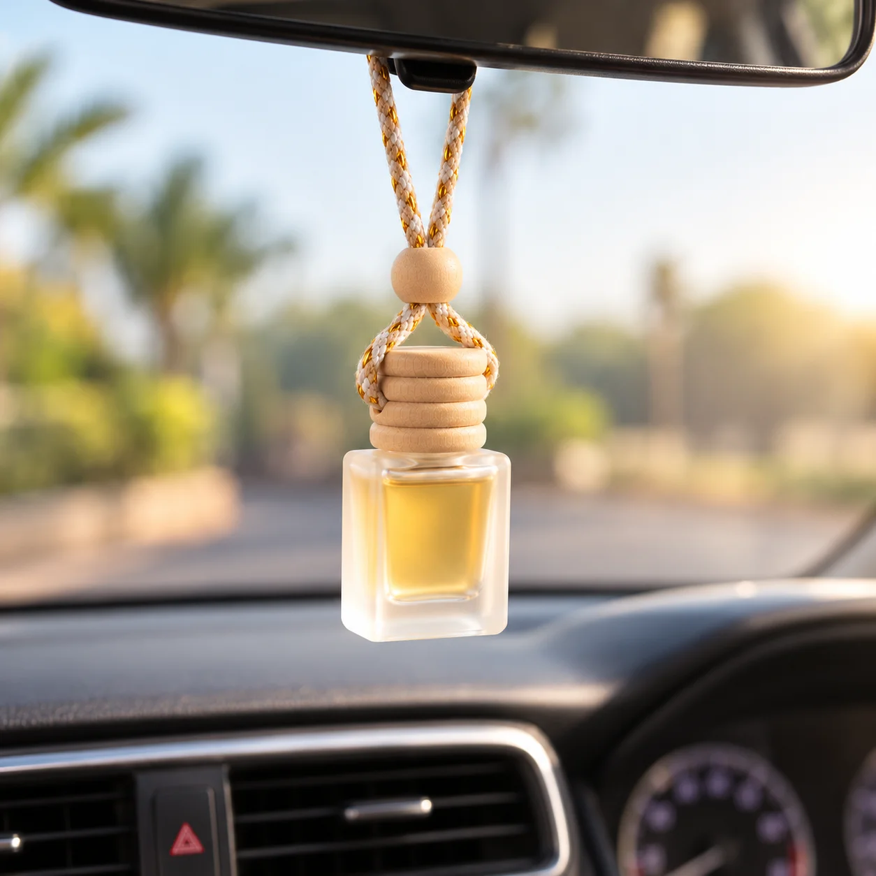 car perfume bottles 10ml glass wooden cap hanging from car rear view mirror